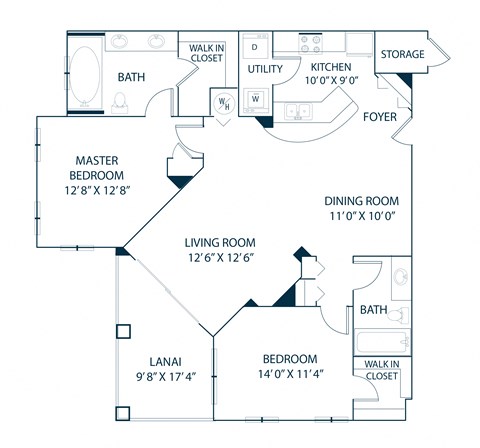 Floor plan for 2 beds, 2 baths, 1172 sqft